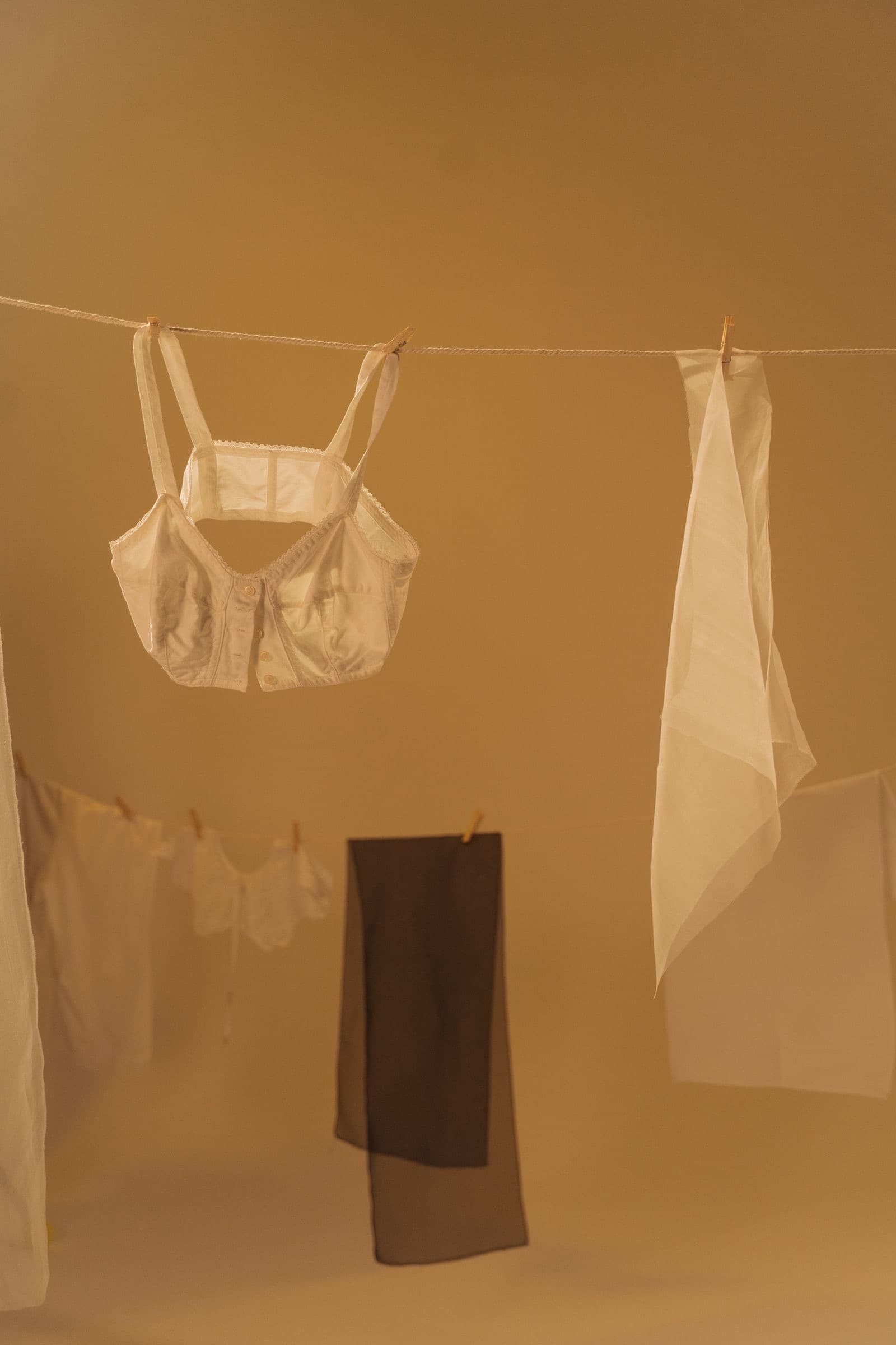 Bra hanging to dry on a clothesline in warm amber light